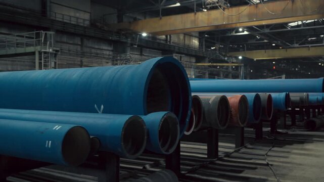 Industrial pipe storage in manufacturing factory warehouse with large metal pipeline sections for water infrastructure and construction supply.
