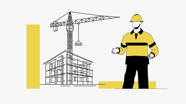 Construction Worker Presenting Modern Building Project with Tower Crane and Architectural Line Art Illustration