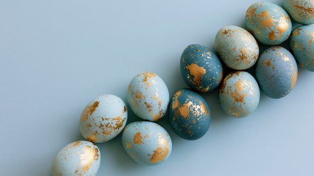 Blue and gold painted easter eggs arranged in a diagonal line on a light blue surface