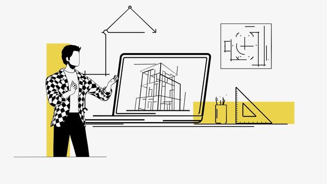 Architectural Design Concept with Designer, Laptop, Building Sketch, Ruler and Geometric Line Art Background