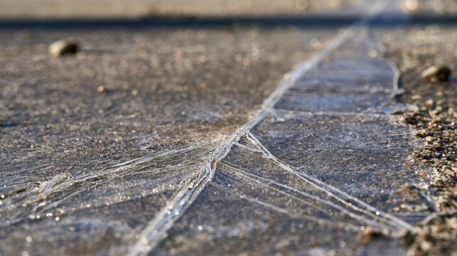 Black ice covering road surface with a glassy transparent layer of frozen water, creating a slippery winter hazard and dangerous driving condition on pavement