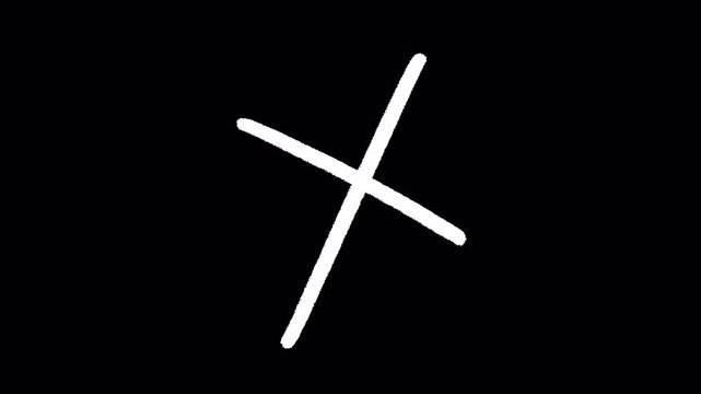 2D Hand Drawn White Cross Mark X Line Art Animation Frame by Frame Overlay with Transparent Background Alpha Channel