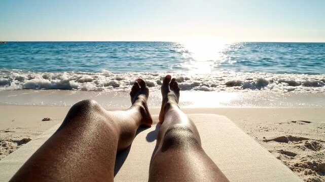 Woman relaxing on a beach mat as waves roll toward shore under the bright sun. Seaside leisure and vacation concept.