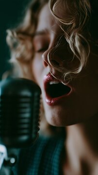 Close-up of a passionate singer performing with a vintage microphone, expressing emotion through music in a retro style.