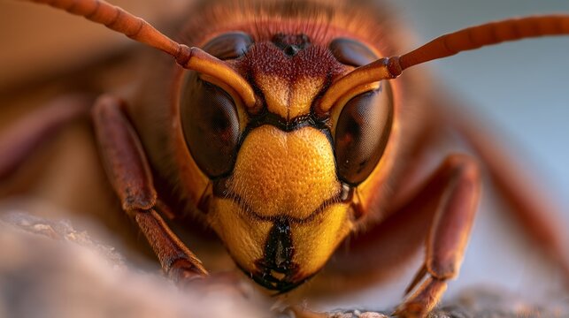 Striking close-up of European hornet Vespa crabro with large compound eyes, segmented antennae and textured mandibles, detailed insect anatomy for biology, entomology and nature studies