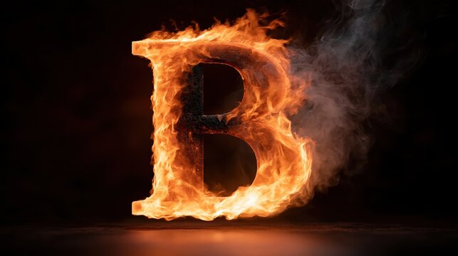 Burning letter B engulfed in flames on dark background