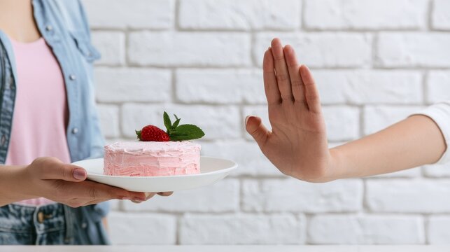 Woman refusing dessert near white brick wall, close-up view showing hand gesture and sweet food, concept of dieting, healthy eating, food choice, self-control, nutrition and lifestyle