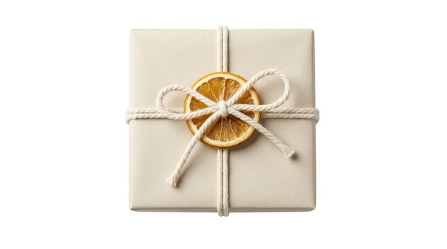 Square gift box wrapped in beige paper with rustic twine and a dried orange slice isolated on transparent background