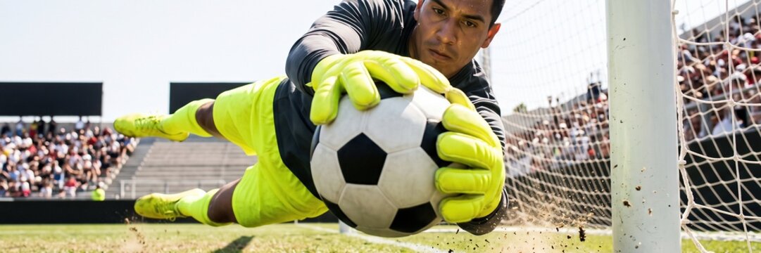 Male goalkeeper catches the ball near the goalpost in a bright stadium with sharp concentration. Football defense, reflexes and match performance concept