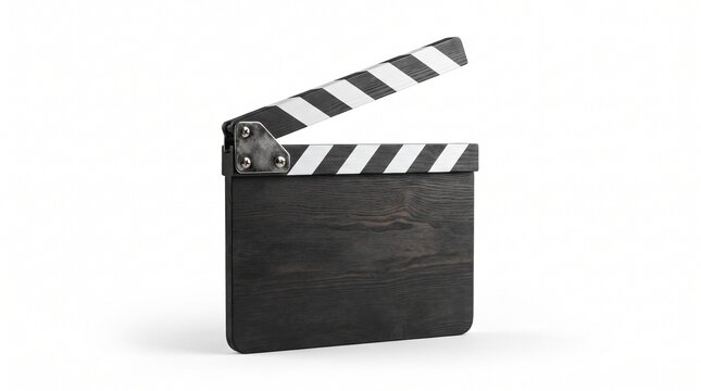 Vintage movie clapperboard on white background, classic black wooden film slate for cinema production, professional movie director clapboard