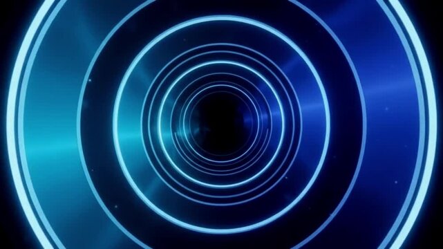 Abstract tunnel with glowing blue neon circles moving forward in dark space