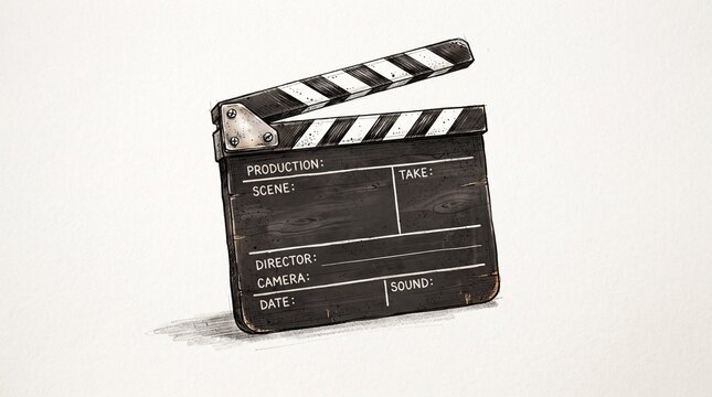 Vintage movie clapperboard on white background, weathered film slate with chalk texture, classic cinema production equipment for filmmaking