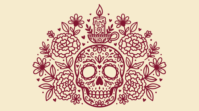 Decorative sugar skull illustration featuring floral elements and a candle for your creative dia de los muertos icon vector bundle