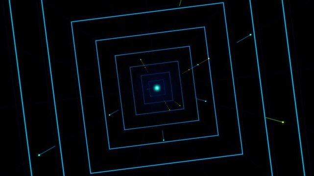 Abstract digital background featuring glowing blue square frames receding into a deep dark void.