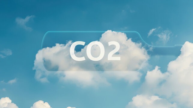 CO2 symbol floating in bottle on a soft cloudscape. Urgency of climate pollution reduction and innovative carbon capture technologies. Showcases the balance between nature and sustainability efforts.