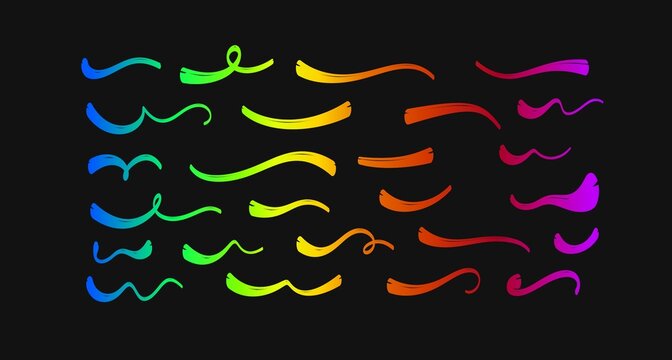 Colour gradient Chinese brush strokes swirl, line curve, calligraphy paint spiral elements. Hand drawn chinese ink brush paint stroke swish, swoosh wave doodles. Grunge texture abstract line. 