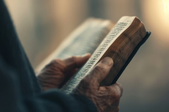 Devout hands cradle open prayer book revealing Kol Nidre text, warm light illuminates Hebrew scripture during solemn Yom Kippur evening service