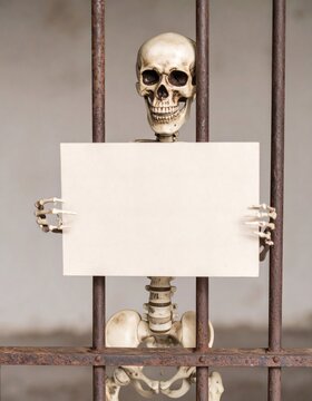 Skeleton Prisoner Behind Rusty Prison Bars Holding Blank Sign