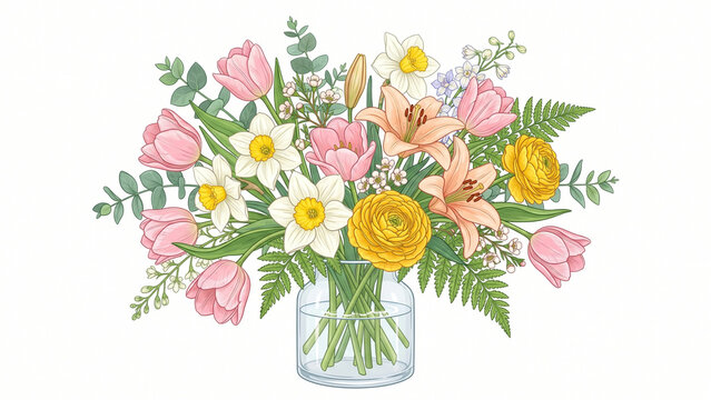 Charming vector illustration of a spring floral arrangement featuring tulips daffodils and ranunculus in a clear glass vase against a clean white background.