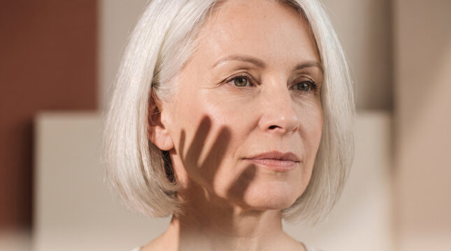 Introspective senior woman portrait with a shadow pattern cast across her face