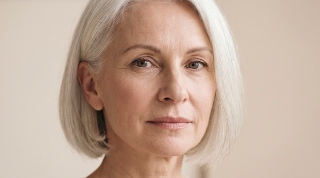 Weathered senior woman frontal beauty portrait against a plain neutral studio background