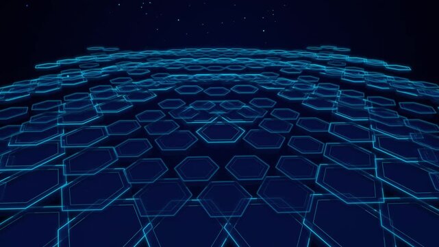 Abstract digital background featuring a glowing blue hexagonal grid pattern.