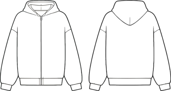 Front and back flat sketch of a zip-up hoodie with hood and long sleeves fashion illustration technical drawing