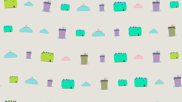 Seamless pattern of potted plants and mounds