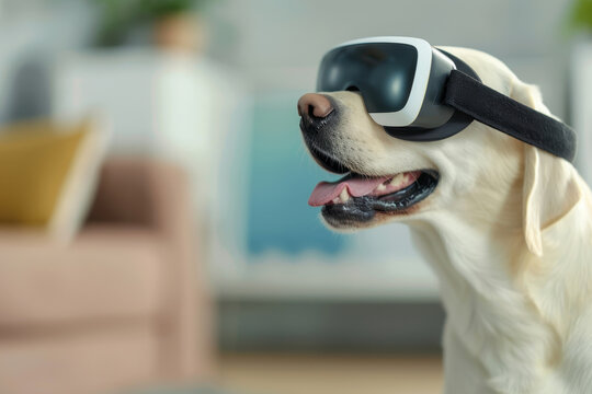 A dog engaging in online activities through advanced tech gadgets, participating in digital playdates, and exploring virtual reality environments. Future of interactive pet fun and entertainment.