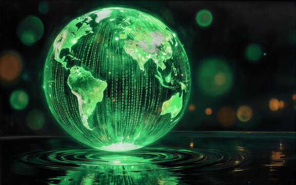 Green digital Earth floats above water, glowing with binary code and futuristic light.