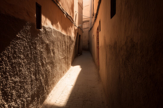 Moroccan old narrow stone street with deep shadows