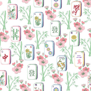 Chinese Mahjong Tile Seamless Pattern with Dragons, Symbols and Floral Details
