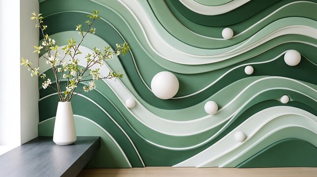 Minimalist interior design with green wavy wallpaper and white vase