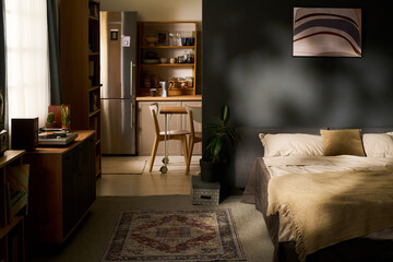 Studio apartment showing bedroom and kitchen space, representing modern independent living. Image suitable for real estate marketing and rental advertising © Mediaphotos