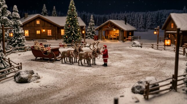 雪のクリスマス村でトナカイとそりを準備するサンタクロース