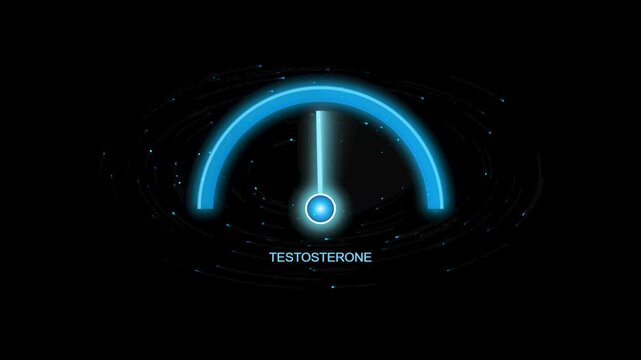 Glowing blue digital speedometer gauge labeled testosterone on black background