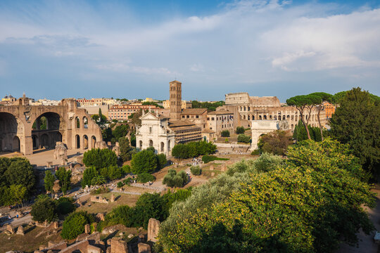 Panoramic View of the Roman Forum and Colosseum in Rome Italy