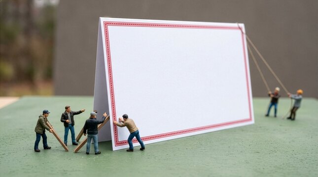 白紙のグリーティングカードを設置するミニチュア作業員