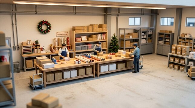 クリスマスギフトを梱包する作業場
