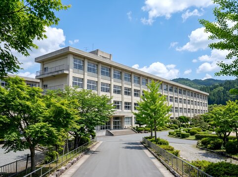 青空の下新緑に囲まれた日本の学校校舎風景