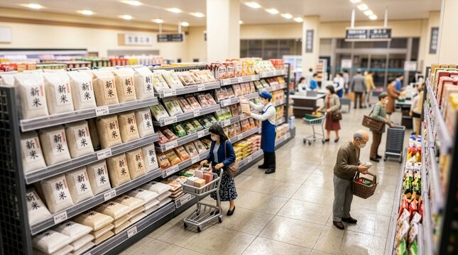 スーパーに並ぶ新米と買い物客