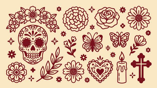 A comprehensive dia de los muertos icon vector bundle featuring traditional sugar skulls flowers butterflies candles and religious cross elements