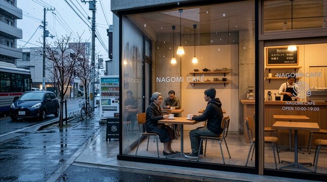 雪の街角にある暖かなカフェと客