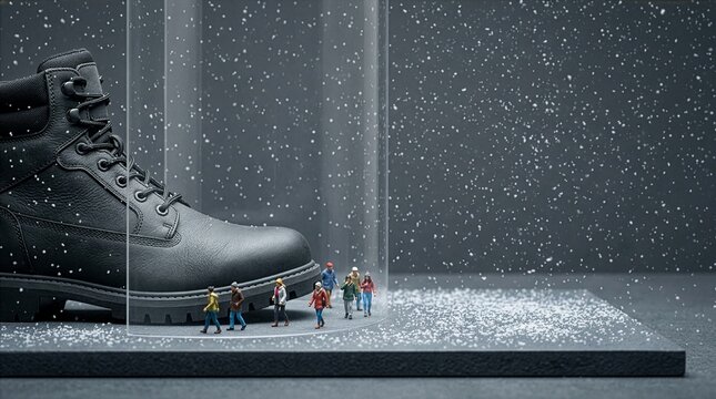 降雪の中の黒いウィンターブーツ