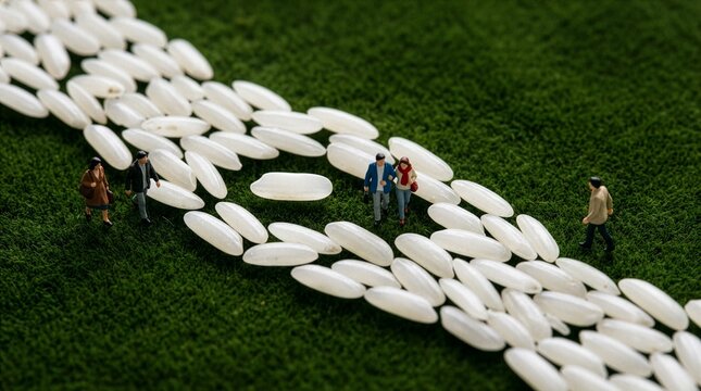 米粒の道を歩くミニチュアの人々