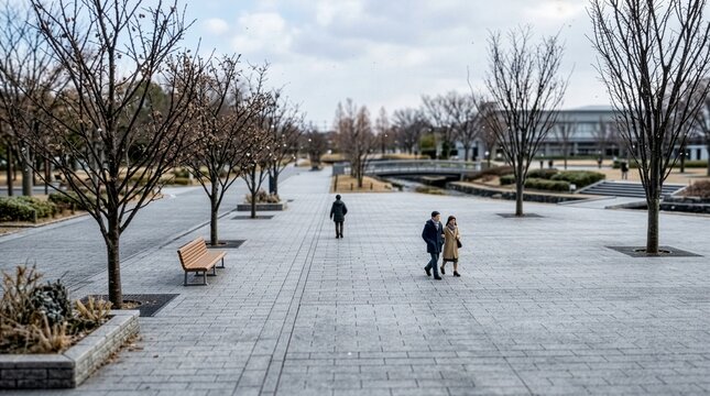 小雪が舞う冬の都市公園と散歩する人々