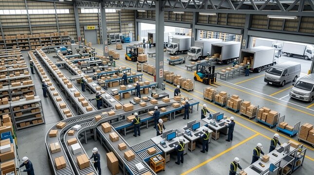 自動化物流倉庫の荷物仕分け作業