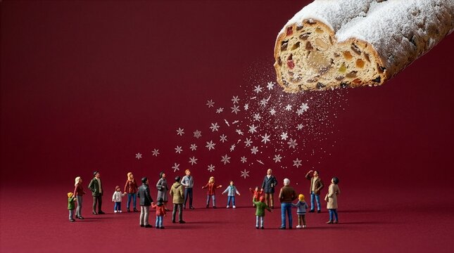 シュトーレンから砂糖の雪が舞うミニチュアの人々