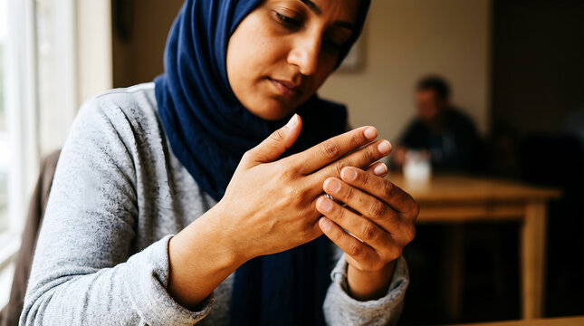 Muslim woman in hijab holding painful hand at home
