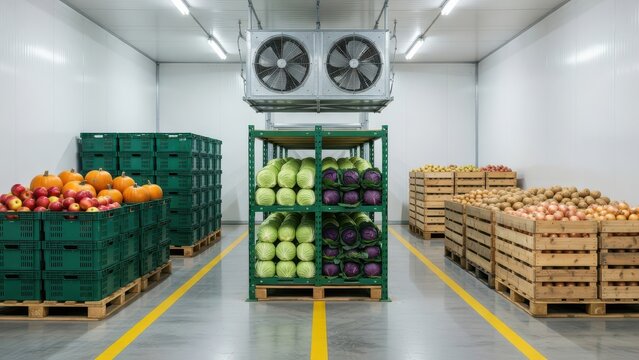 Cold storage warehouse for fresh farm produce, fruits and vegetables stored in plastic crates and wooden boxes, refrigeration unit, food preservation storage room